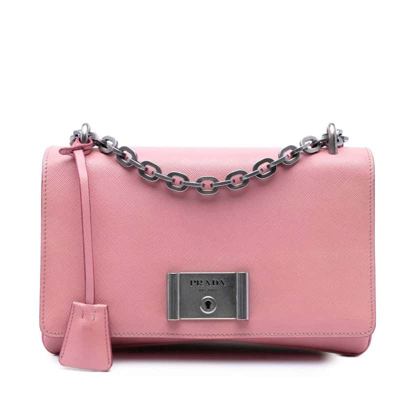Prada Saffiano Lux Lock Chain Flap Pink Leather Good condition - Front View