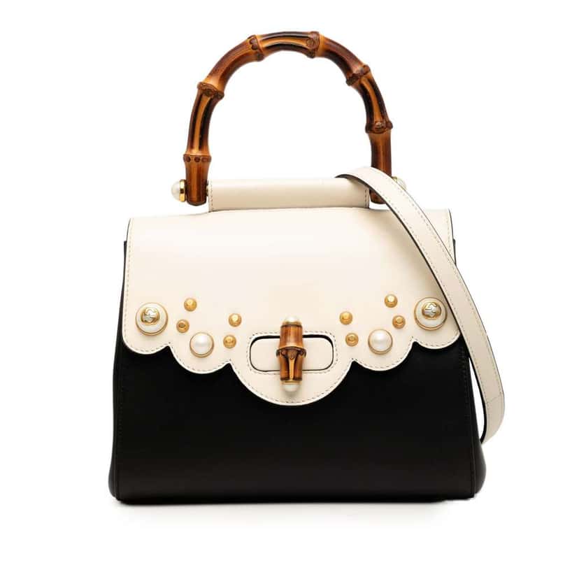 Gucci Bicolor Studded Calfskin Bamboo Top Handle Bag Black Leather Good condition - Front View