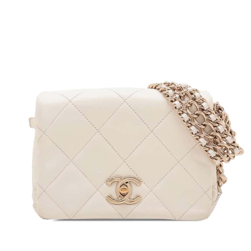 Chanel Mini Quilted Lambskin Chain Rows Flap White Leather Good condition - Front View