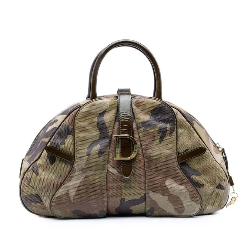Dior Camouflage Coated Canvas Double Saddle Bowler Bag Green Canvas Good condition - Front View