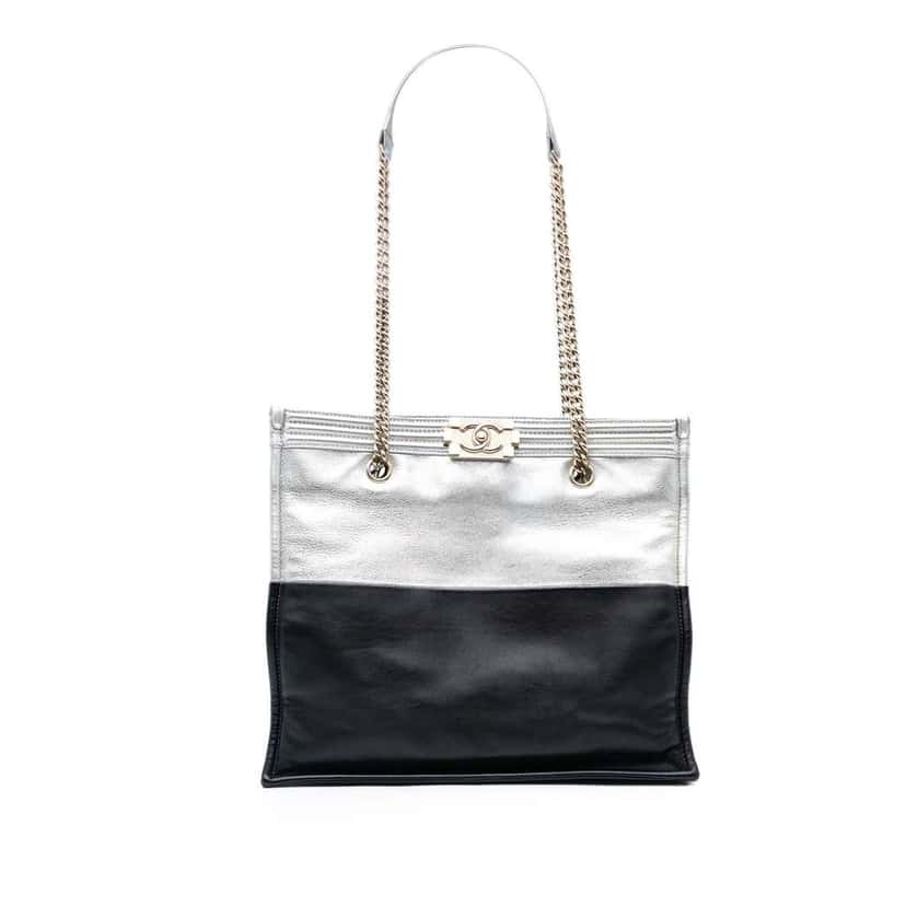 Chanel Large Bicolor Metallic Goatskin and Calfskin Boy Tote Silver Leather Good condition - Front View