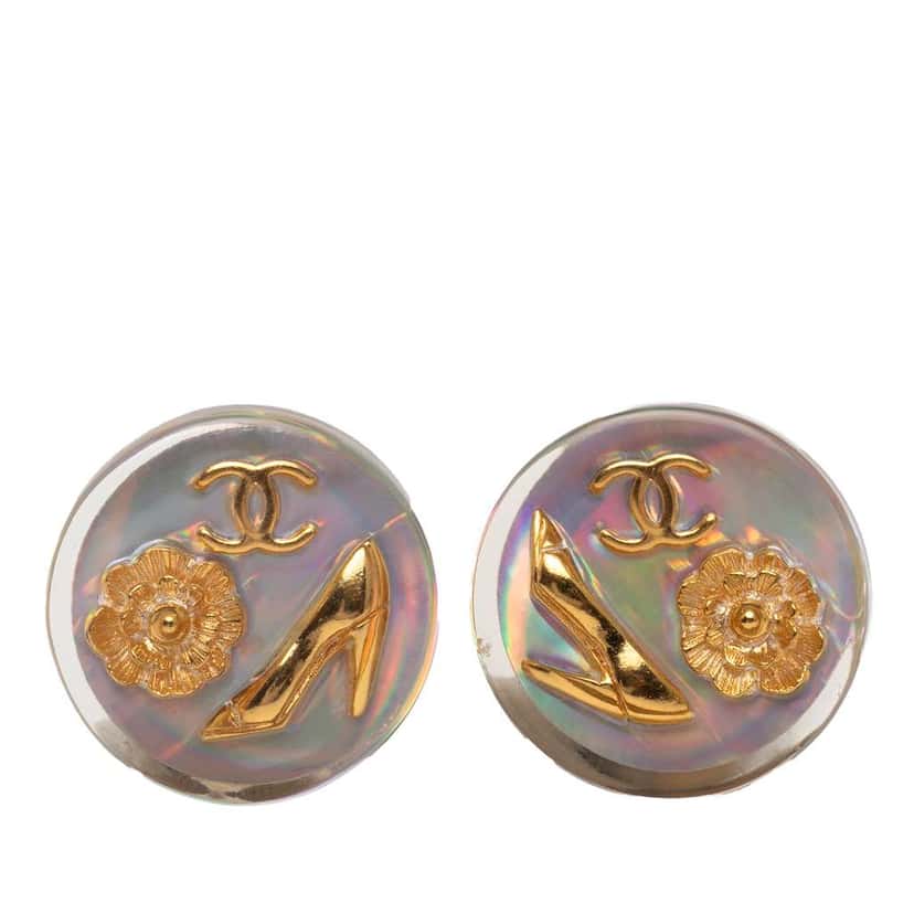 Chanel Gold Plated Resin CC Camellia Button Clip On Earrings White Good condition - Front View