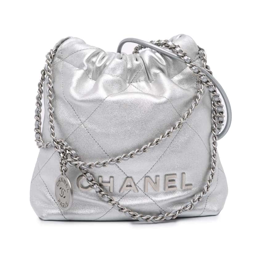 Chanel Mini Metallic Calfskin 22 Satchel Silver Leather Very good condition - Front View