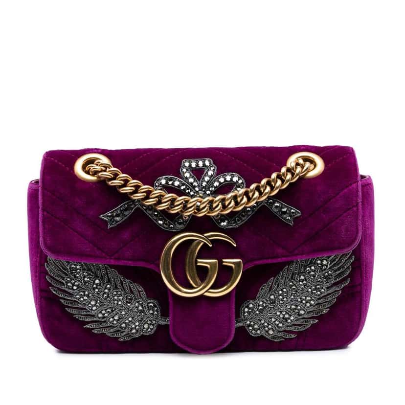 Gucci Small GG Marmont Matelasse Velvet Crystal Embellished Shoulder Bag Purple Velvet Good condition - Front View