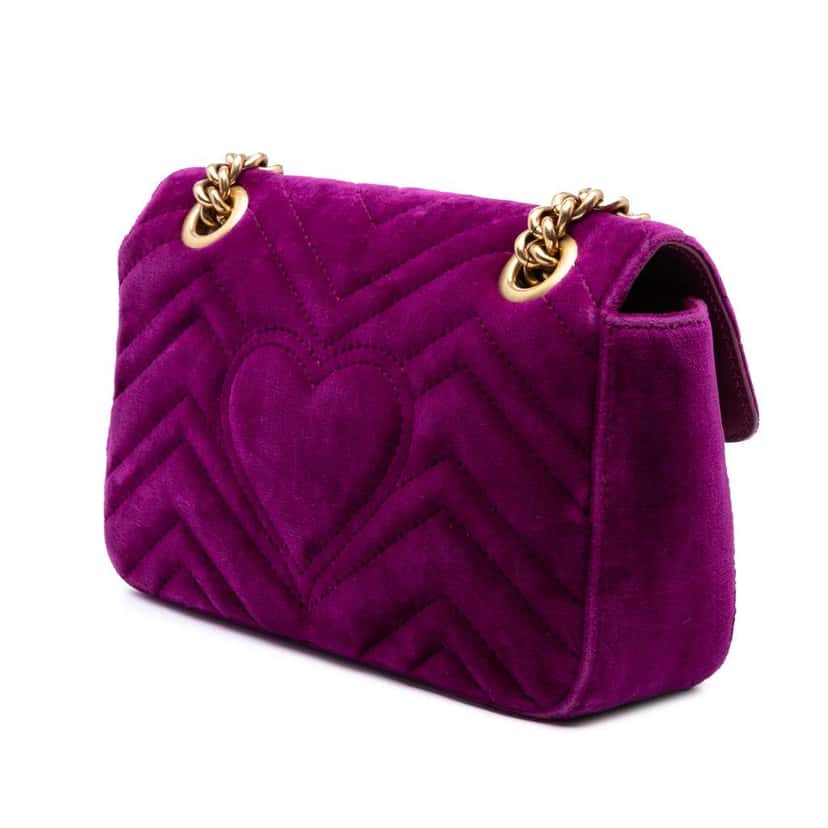 Gucci Small GG Marmont Matelasse Velvet Crystal Embellished Shoulder Bag Purple Velvet Good condition - Back View
