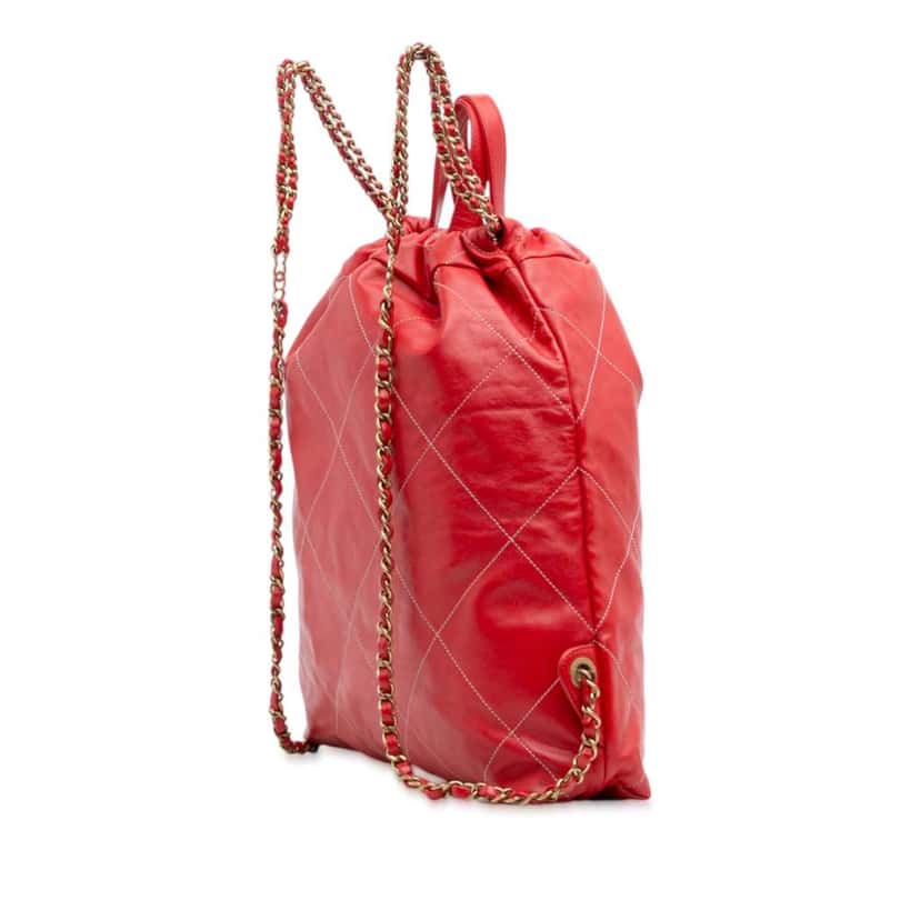 Chanel Large Shiny Quilted Calfskin 22 Backpack Red Leather Very good condition - Back View