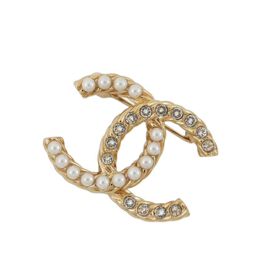 Chanel Gold Plated CC Faux Pearl Rhinestone Brooch Gold Metal Good condition - Front View