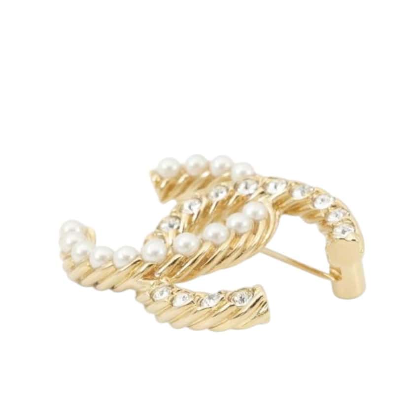 Chanel Gold Plated CC Faux Pearl Rhinestone Brooch Gold Metal Good condition - Inside View