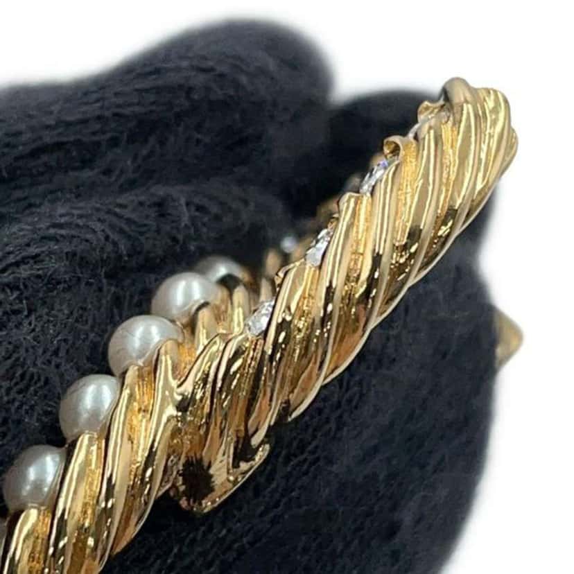 Chanel Gold Plated CC Faux Pearl Rhinestone Brooch Gold Metal Good condition - Box View