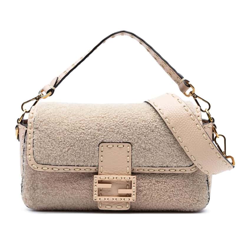 Fendi Medium Shearling Selleria Baguette Satchel Brown Good condition - Front View