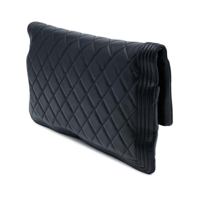 Chanel Quilted Lambskin Boy Foldover Clutch Black Leather Good condition - Back View