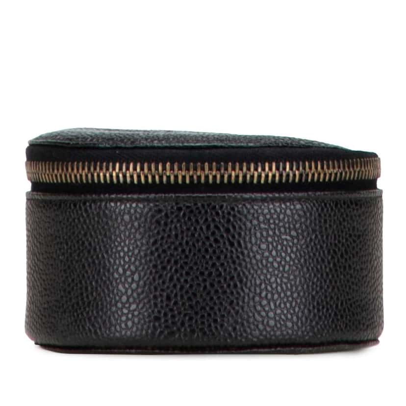 Chanel Caviar Round Travel Jewelry Case Black Leather Good condition - Front View