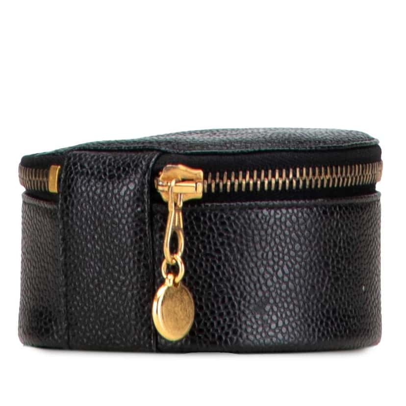 Chanel Caviar Round Travel Jewelry Case Black Leather Good condition - Back View