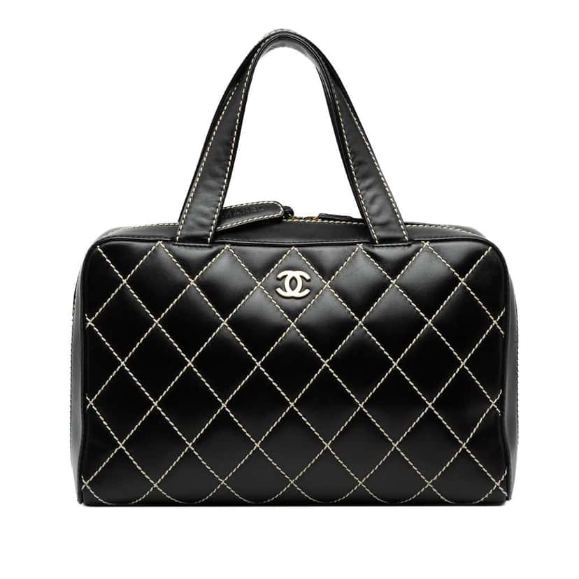 Chanel CC Lambskin Wild Stitch Handbag Black Leather Good condition - Front View