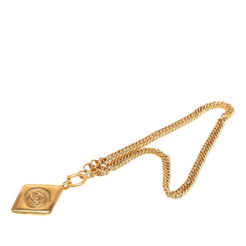 Chanel Gold Plated CC Diamond Shape Pendant Necklace Gold Metal Good condition - Front View