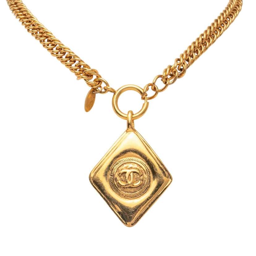 Chanel Gold Plated CC Diamond Shape Pendant Necklace Gold Metal Good condition - Back View