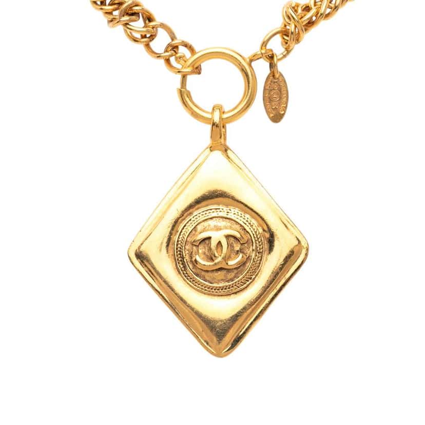 Chanel Gold Plated CC Diamond Shape Pendant Necklace Gold Metal Good condition - Inside View