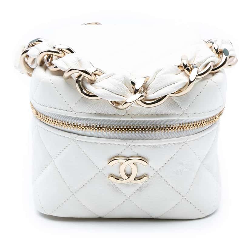 Chanel Quilted Lambskin Cube Chain Wristlet Case White Leather Good condition - Front View