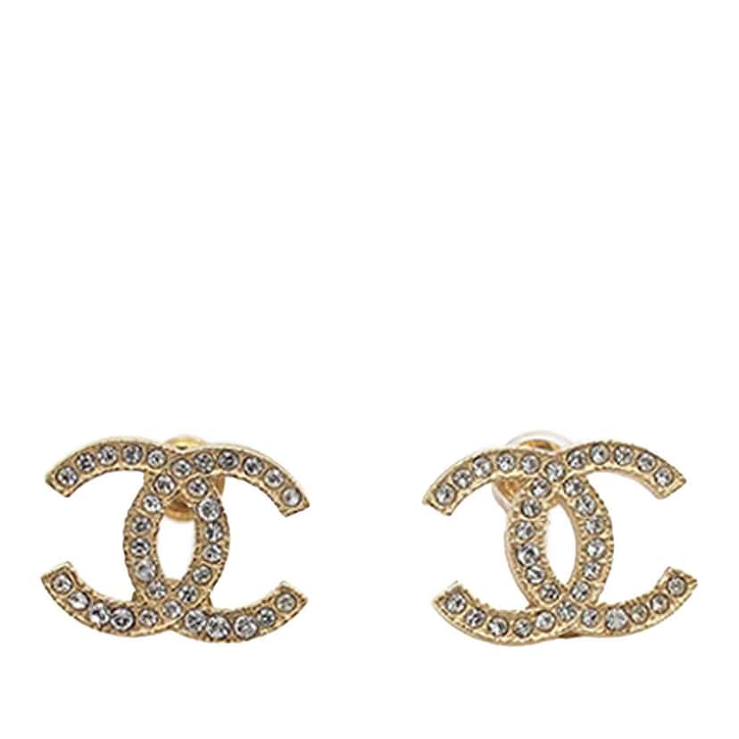 Chanel Gold Plated CC Rhinestones Push Back Earrings Gold Metal Good condition - Front View