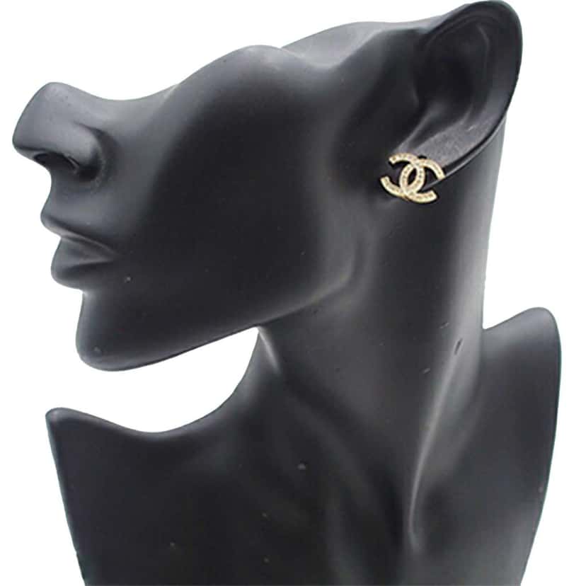 Chanel Gold Plated CC Rhinestones Push Back Earrings Gold Metal Good condition - Box View