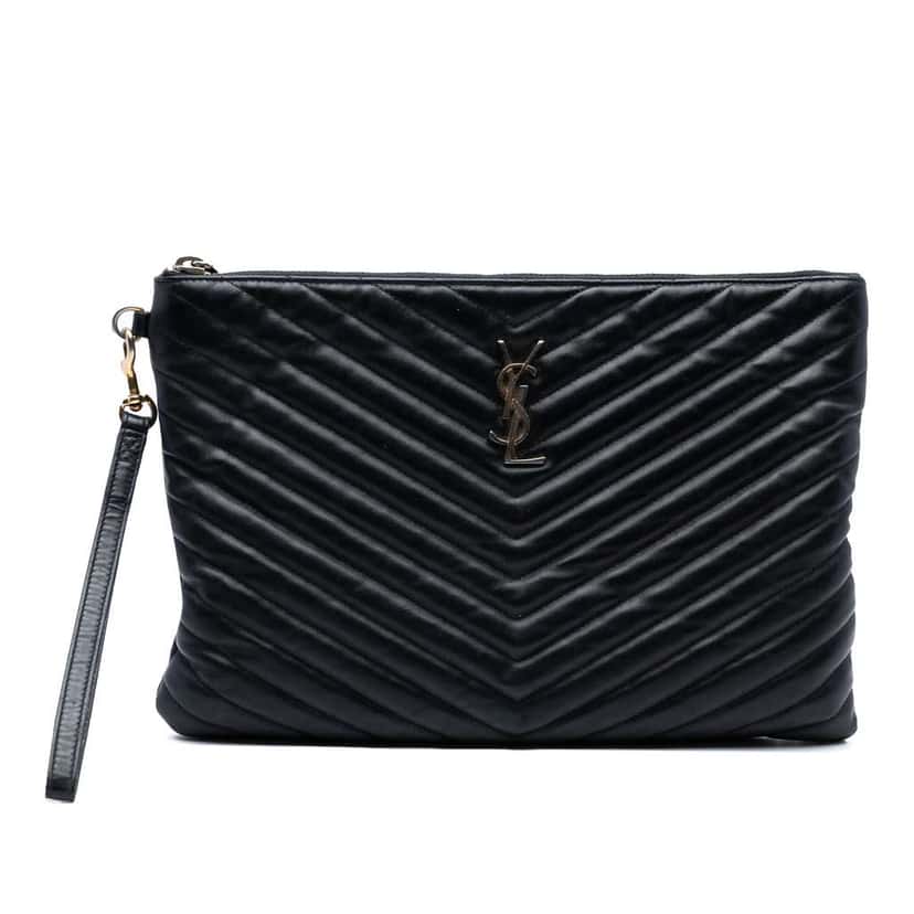 Saint Laurent Chevron Calfskin Monogram Zip A4 Pouch Black Leather Good condition - Front View