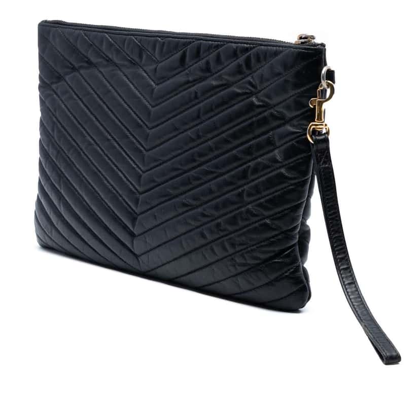 Saint Laurent Chevron Calfskin Monogram Zip A4 Pouch Black Leather Good condition - Back View