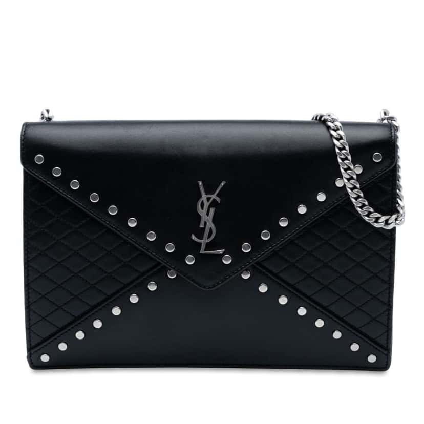 Saint Laurent Quilted Lambskin Studded Monogram Gaby Shoulder Bag Black Leather Good condition - Front View