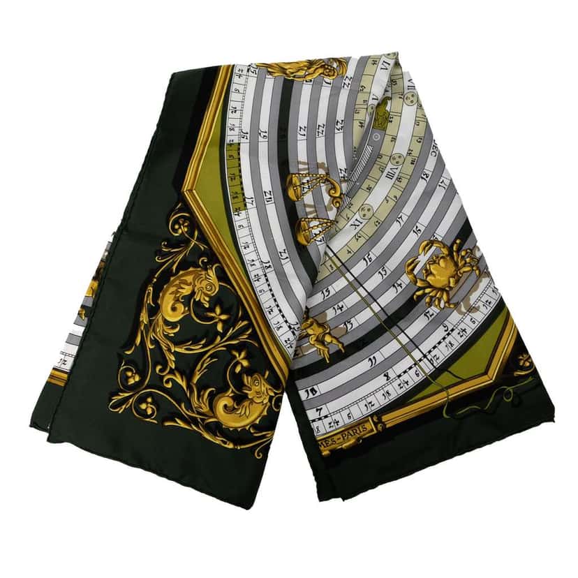 Hermès Astrologie Dies et Hore Silk Scarf 90 Green Silk Good condition - Front View