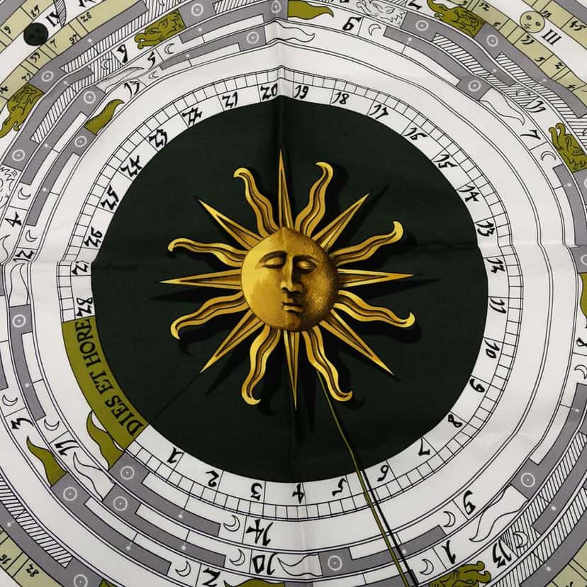 Hermès Astrologie Dies et Hore Silk Scarf 90 Green Silk Good condition - Back View