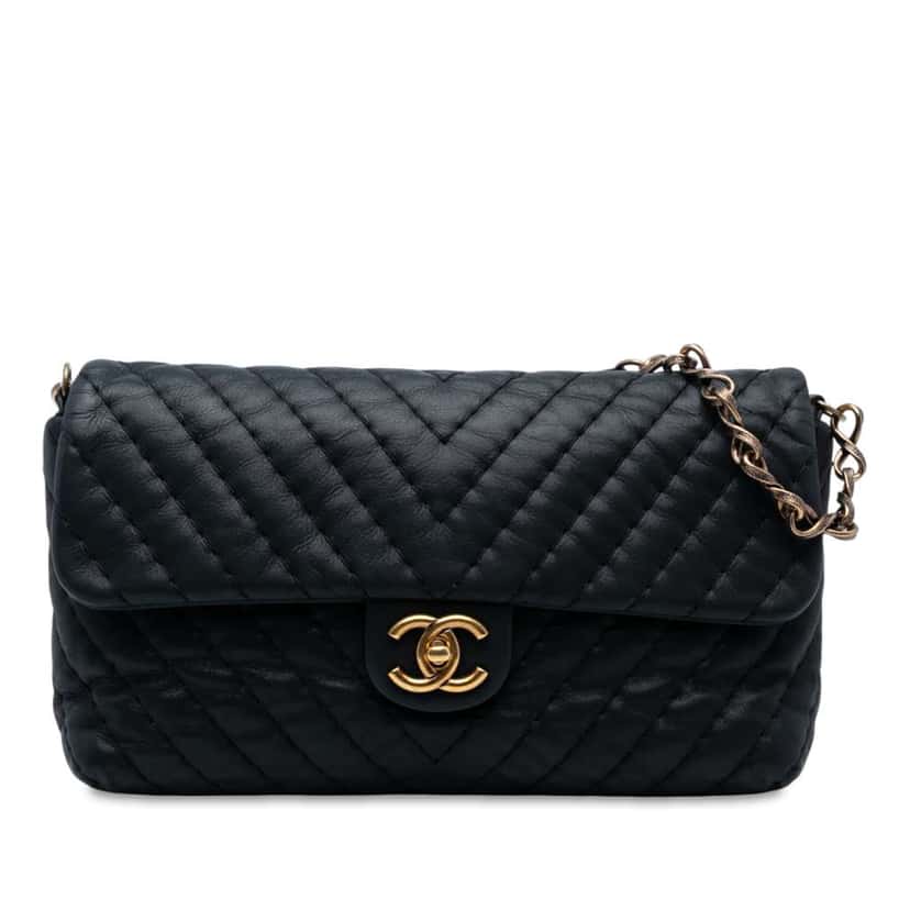 Chanel Large Chevron Iridescent Calfskin Surpique Flap Black Leather Good condition - Front View