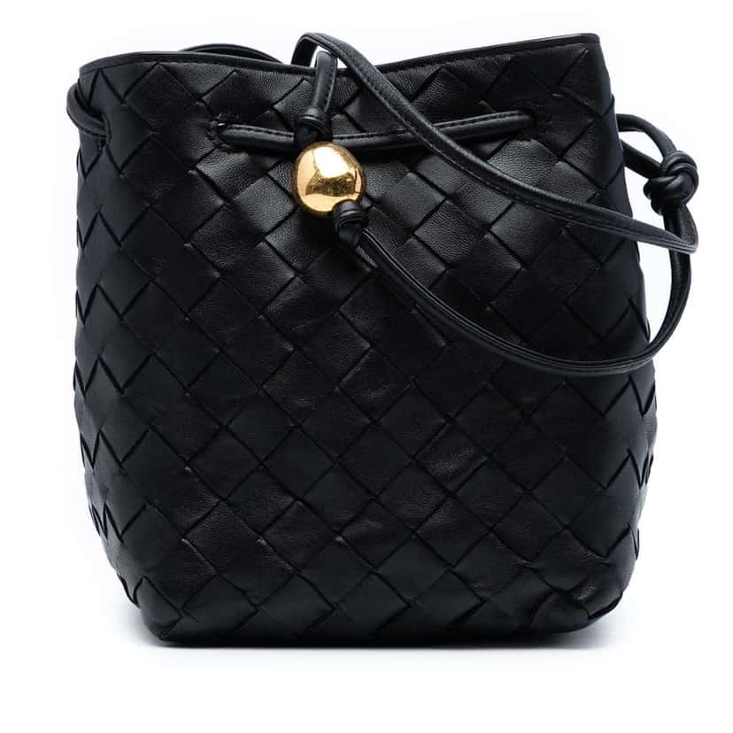 Bottega Veneta Small Nappa Intrecciato Bucket Bag Black Leather Good condition - Front View