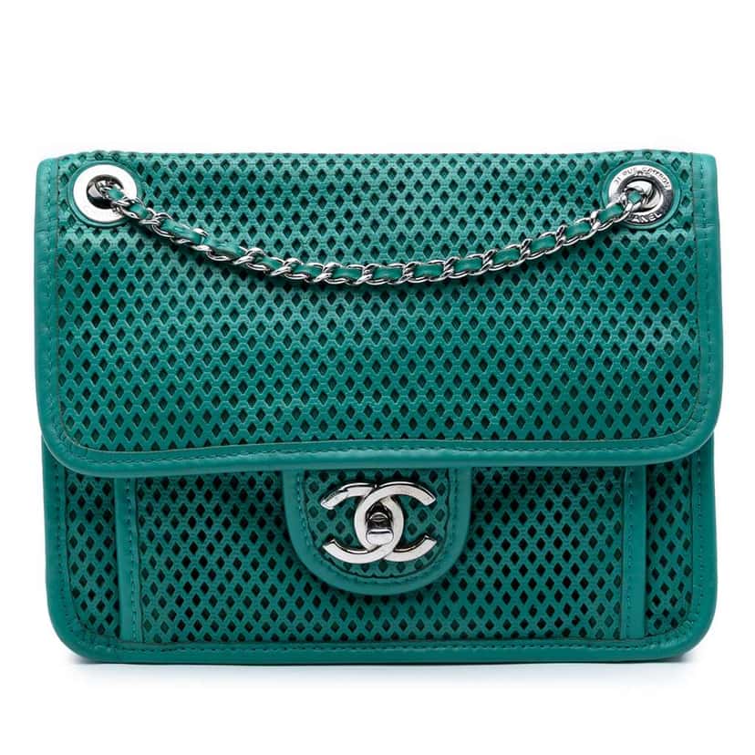 Chanel Small Perforated Calfskin Up In The Air Flap Green Leather Good condition - Front View