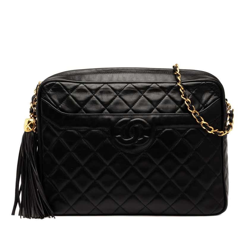 Chanel Medium CC Quilted Lambskin Tassel Camera Bag Black Leather Good condition - Front View