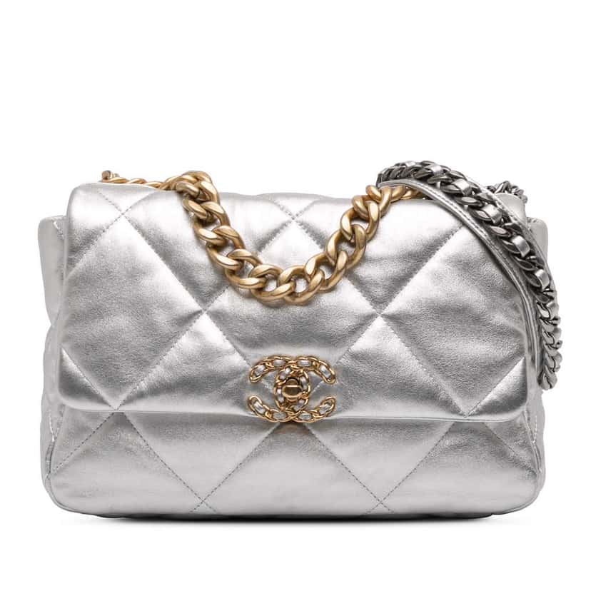 Chanel Large Metallic Lambskin 19 Flap Silver Leather Good condition - Front View
