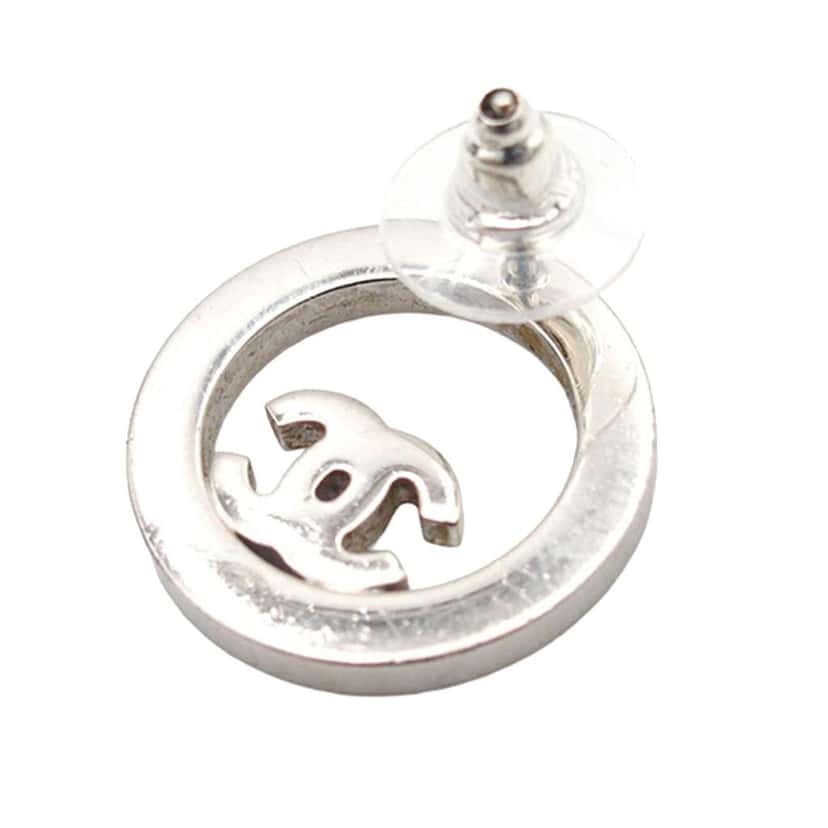 Chanel Silver Plated CC Rhinestones Round Push Back Earrings Silver Metal Good condition - Back View