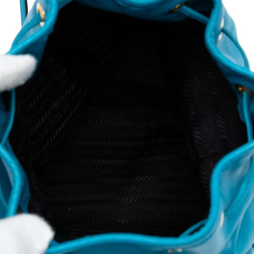Prada Mini Soft Calf Drawstring Bucket Bag Blue Leather Good condition - Model View
