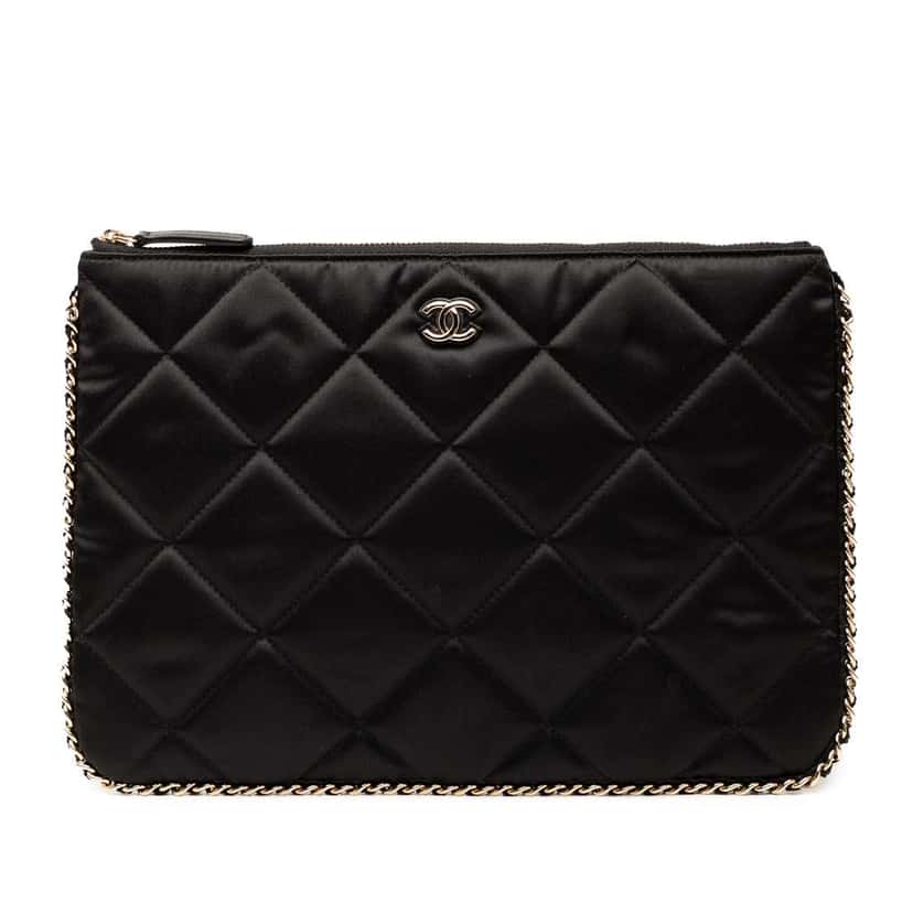 Chanel CC Quilted Satin Chain Around Clutch Black Satin Good condition - Front View