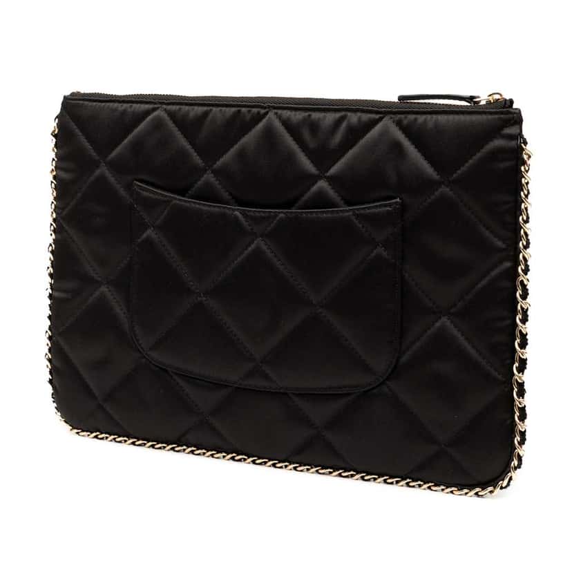 Chanel CC Quilted Satin Chain Around Clutch Black Satin Good condition - Back View