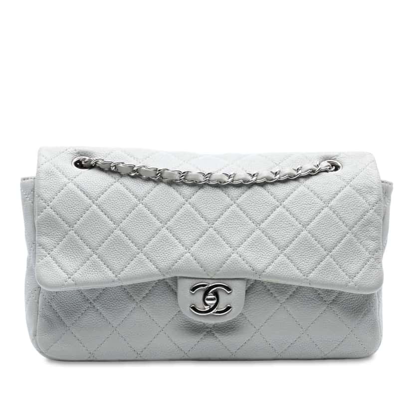 Chanel Jumbo Quilted Caviar Double Compartment Chain Flap White Leather Good condition - Front View