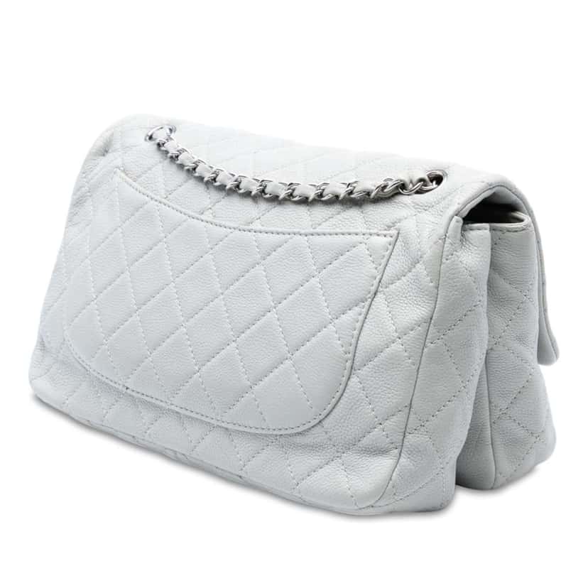 Chanel Jumbo Quilted Caviar Double Compartment Chain Flap White Leather Good condition - Back View