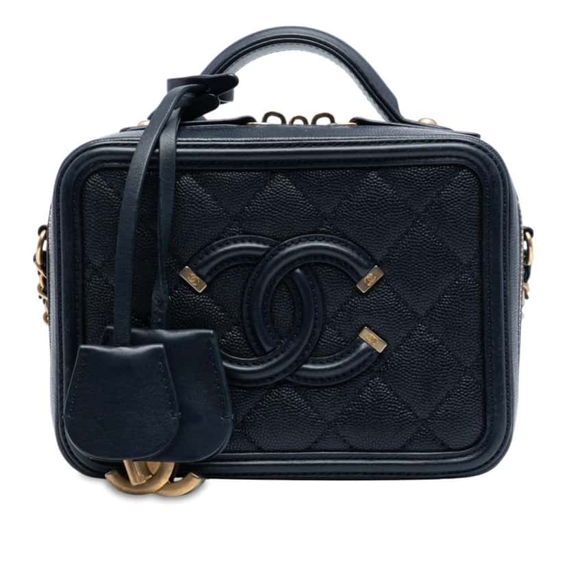 Chanel Small Caviar CC Filigree Vanity Case Blue Leather Good condition - Front View
