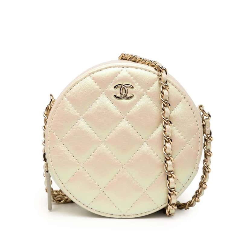Chanel Iridescent Quilted Lambskin Round Clutch With Chain White Leather Good condition - Front View