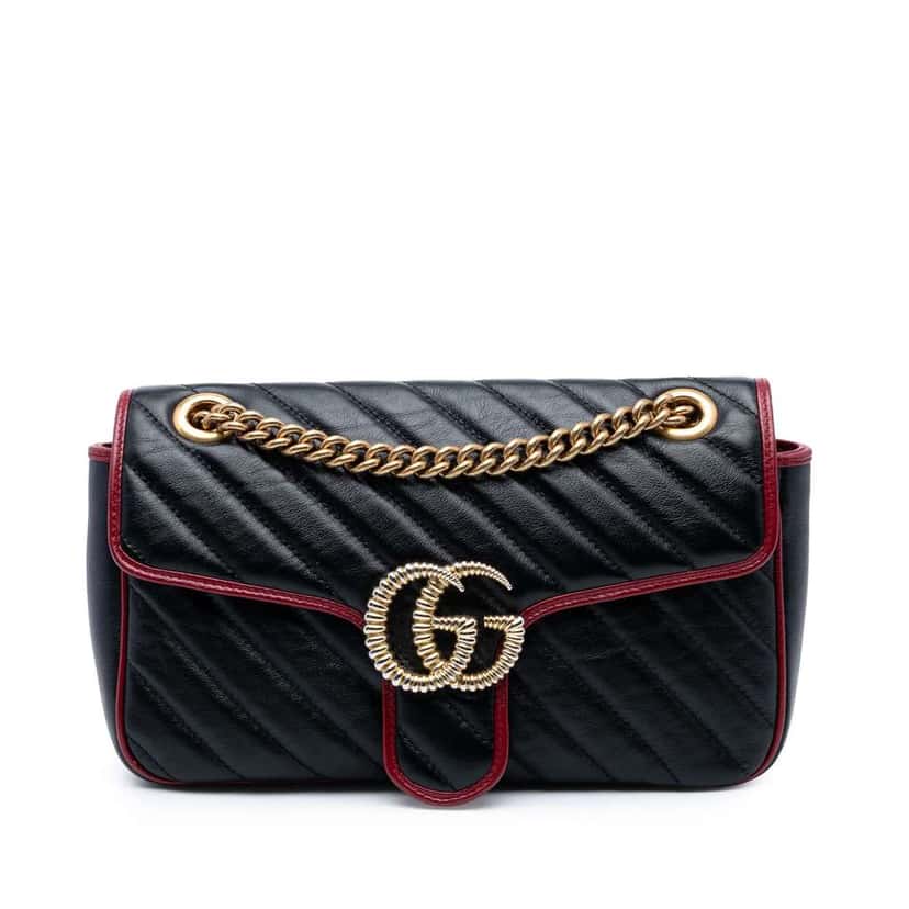 Gucci Medium GG Marmont Matelasse Diagonal Leather Torchon Shoulder Bag Black Leather Good condition - Front View