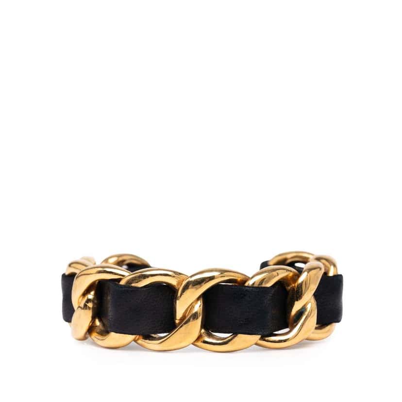 Chanel Gold Plated Leather Woven in Chain Cuff Bracelet Gold Metal Good condition - Front View