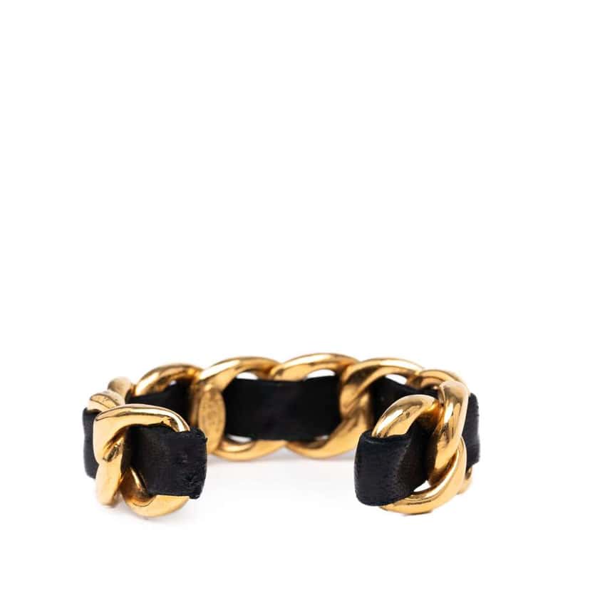 Chanel Gold Plated Leather Woven in Chain Cuff Bracelet Gold Metal Good condition - Box View