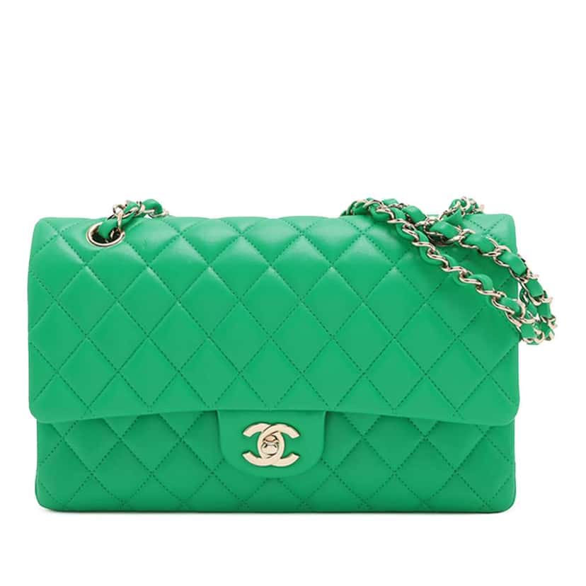 Chanel Medium Classic Lambskin Double Flap Green Leather Good condition - Front View