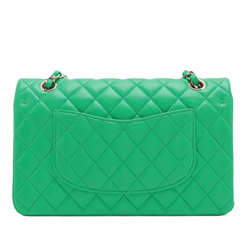 Chanel Medium Classic Lambskin Double Flap Green Leather Good condition - Back View