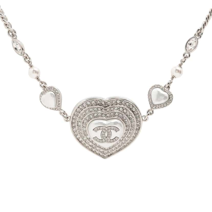 Chanel Silver Plated CC Rhinestones Heart Pendant Necklace Silver Metal Good condition - Front View