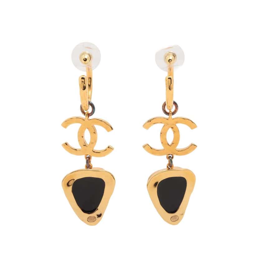 Chanel CC Gold Plated Resin Hoop Drop Pendant Earrings Gold Metal Good condition - Back View