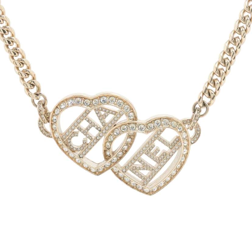 Chanel Gold Plated Heart Logo Rhinestone Necklace Gold Metal Good condition - Front View